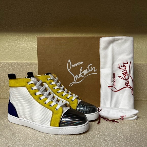 Christian Louboutin Louis Orlato High Top Sneaker White Yellow Blue 41 / 8 - Picture 1 of 10